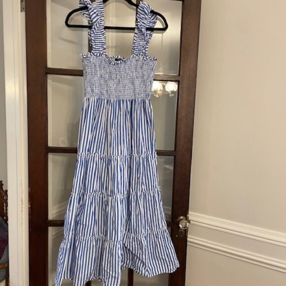 Quince Blue and White Striped Smocked Dress, Size Medium - Picture 1 of 5